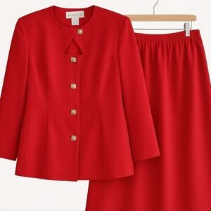 Vintage Allison Woods Red Skirt Suit Set Size 14W Holiday Office Plus Size